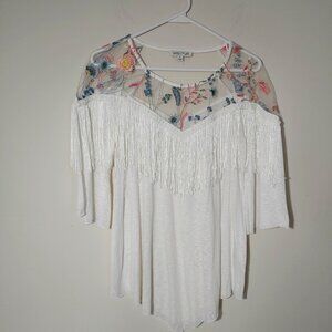 Tassels N Lace 3/4 Bell Sleeves Embroidered Mesh Panel Fringed Blouse Sz S White